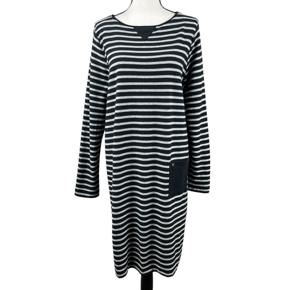 J Jill Women's Striped Knit Dress Large Tall Black Gray Long Sleeve Minimalist